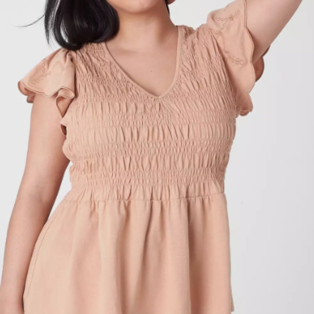 New LANE BRYANT Plus Flutter-Sleeve Smocked Peplum Top Brown 14 / 16